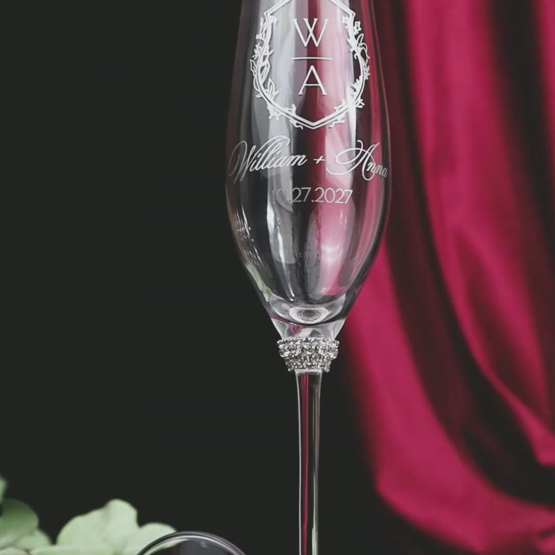Crystal Line Champagne Flutes &amp; Cake Set in Silver