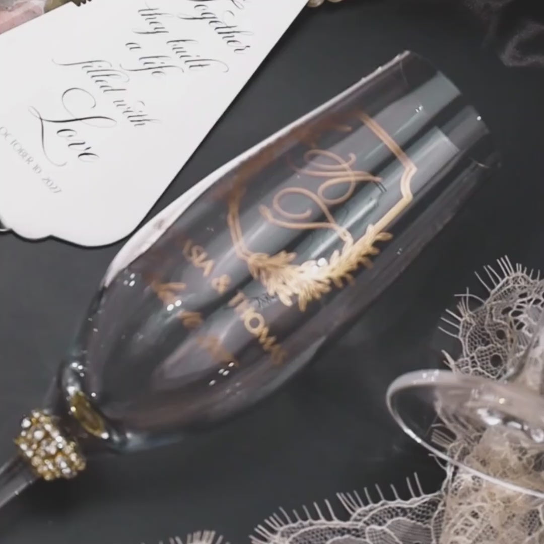 Crystal Line Wedding Flutes in Gold