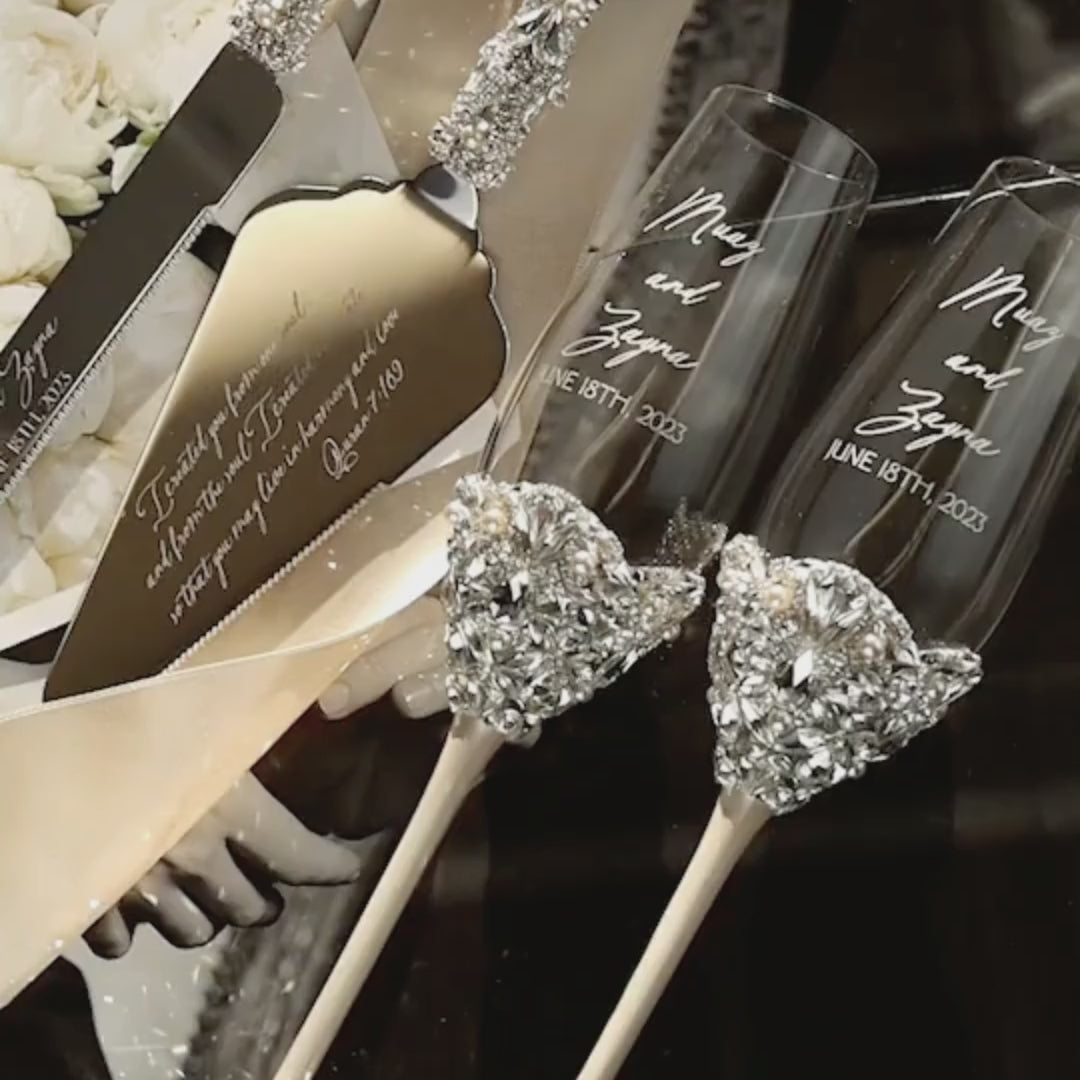 Wedding Glasses &amp; Cake Set Blossom Ivory With Pearls