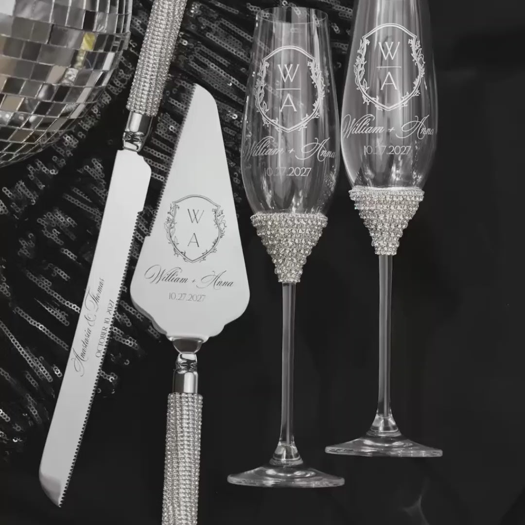 Celebration Champagne Flutes &amp; Cake Set in Silver