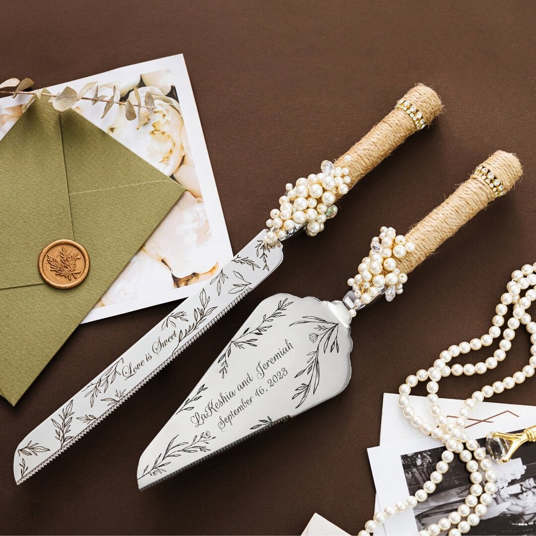 Rustic Cake Server & Knife with pearls - ELENA HONCH
