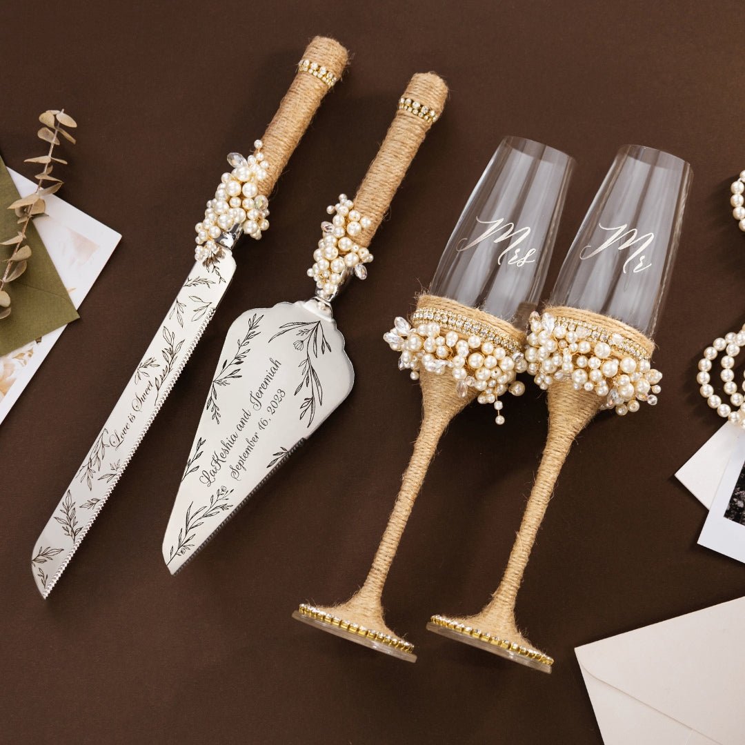 Rustic Flutes &amp; Cake Set Ivory with Pearls - ELENA HONCH