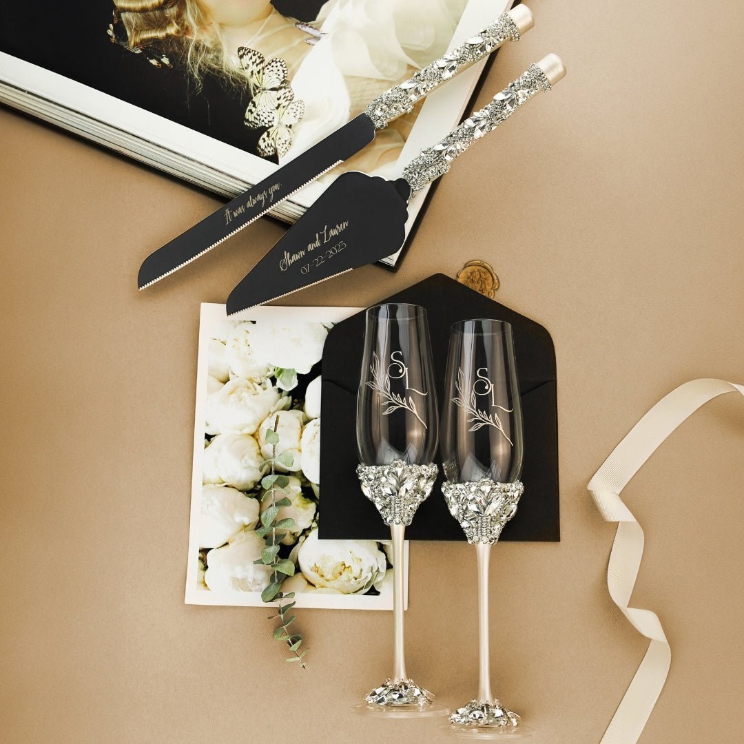 Ivory and gold wedding toasting glasses and cake cutting set popular