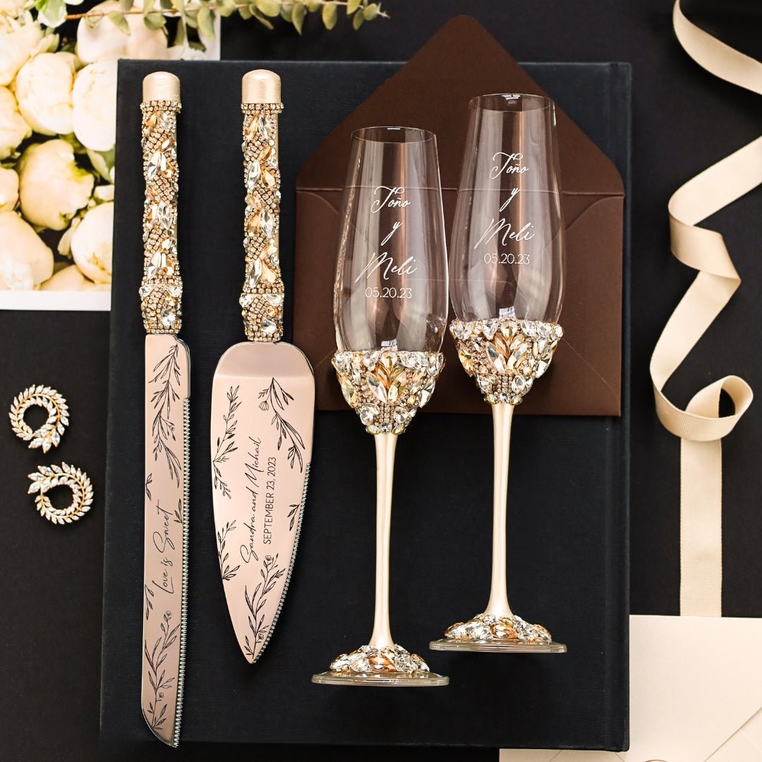 ELENA HONCH. personalized wedding flutes & cake server set Ivory&Gold