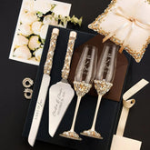 Ruta Ivory & Gold Flutes and Cake Set with Pillow for Rings - ELENA HONCH