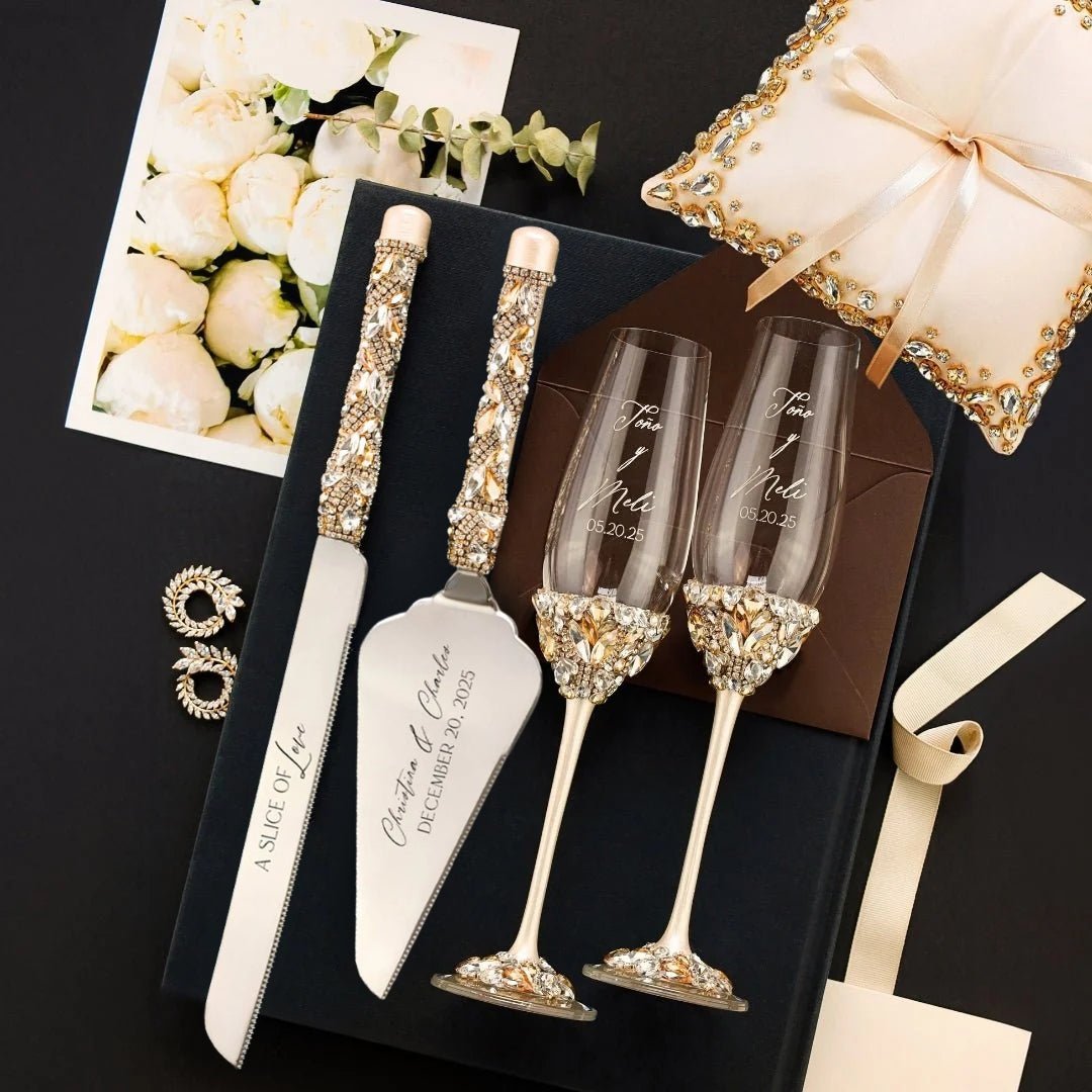 Ruta Ivory &amp; Gold Flutes and Cake Set with Pillow for Rings - ELENA HONCH