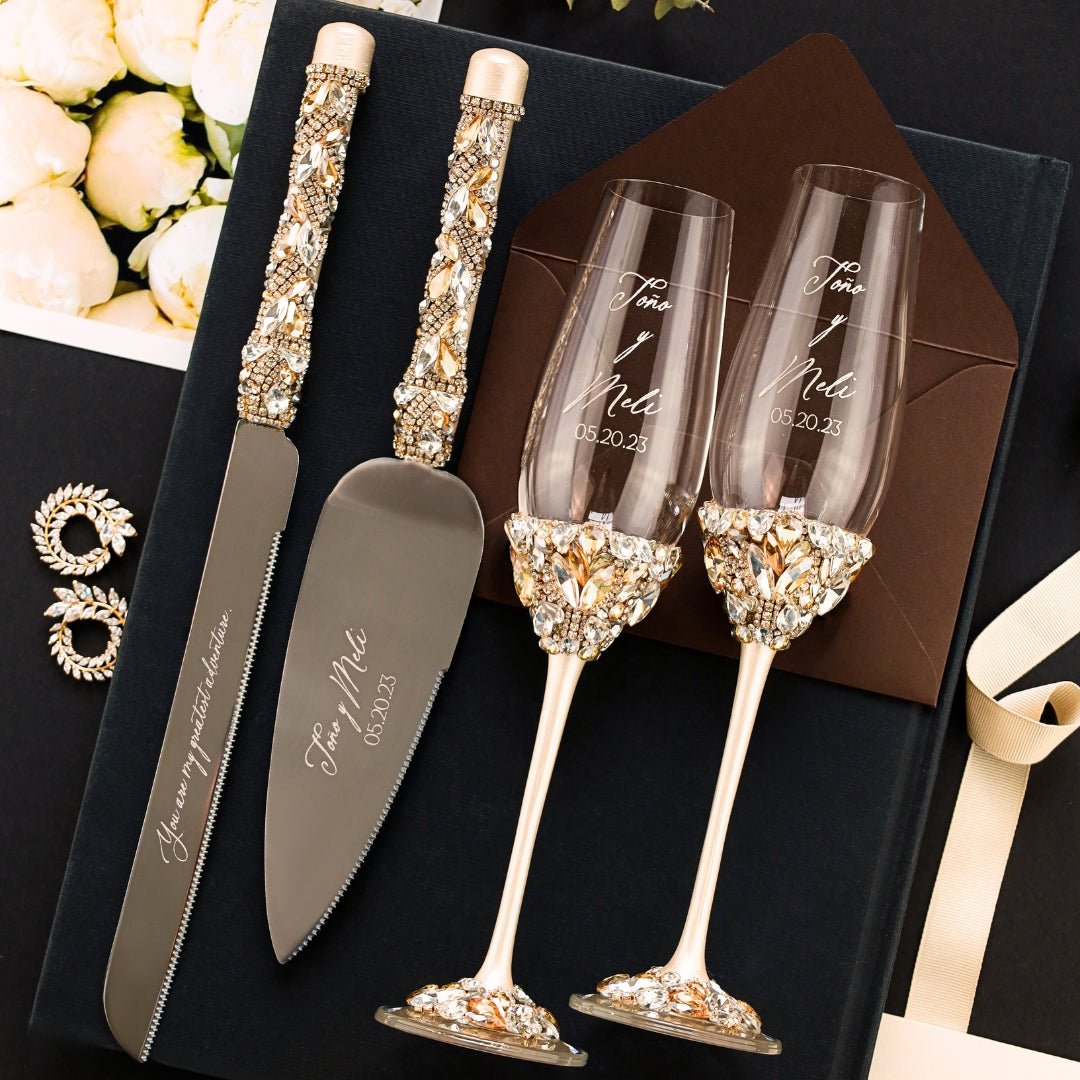 Ruta Ivory &amp; Gold Laser - Enraved Flutes and Cake Set - ELENA HONCH