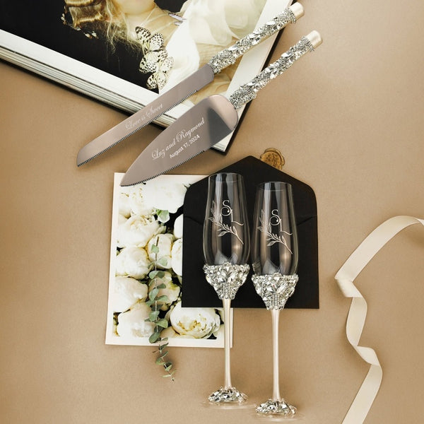 ELENA personalized wedding flutes and cake server sets Ivory