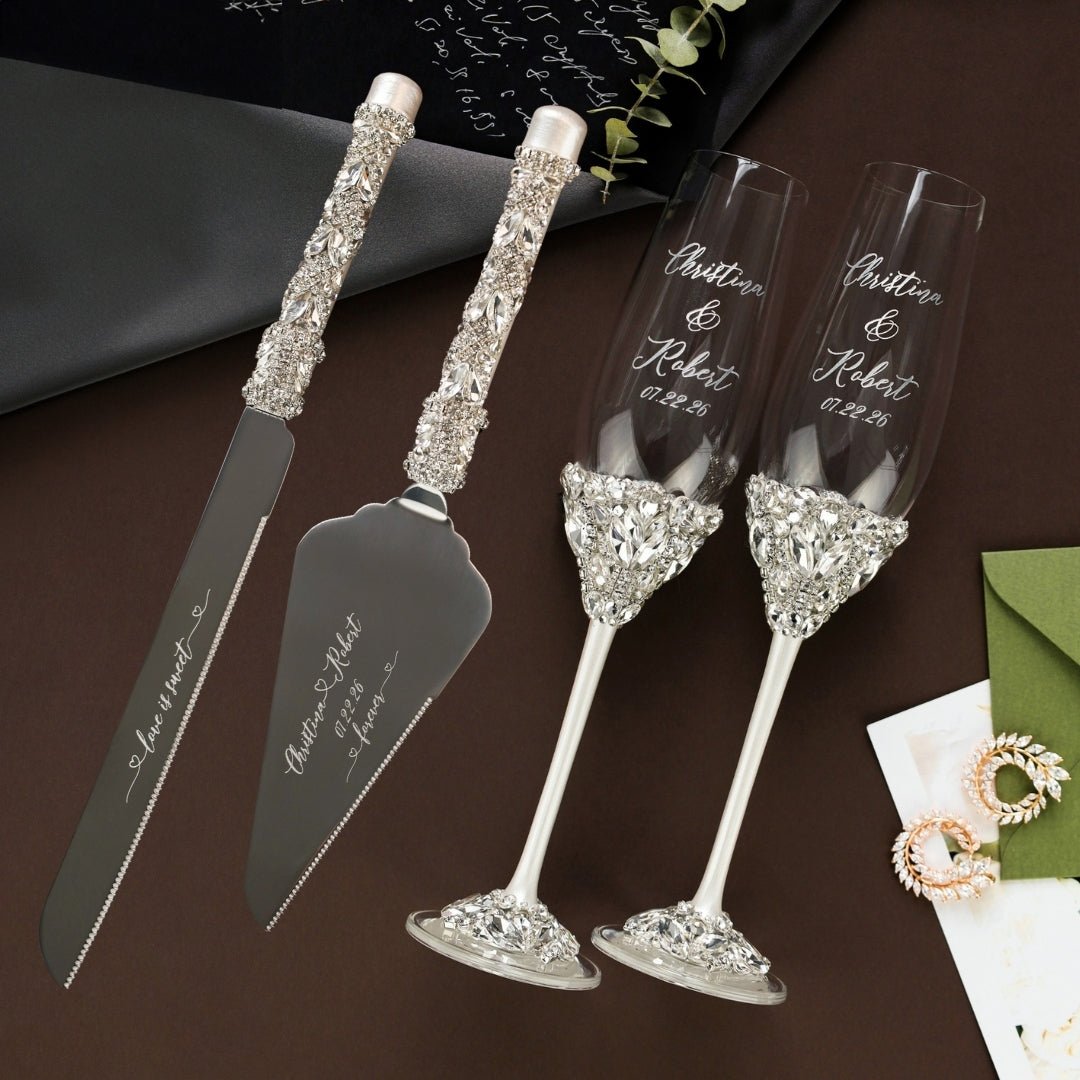 Ruta White Toasting Glasses &amp; Cake Cutting Set - ELENA HONCH