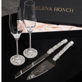 Wedding Flutes Avrora & Cake Cutting Set in White - ELENA HONCH