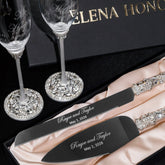 Wedding Flutes Avrora & Cake Cutting Set in White - ELENA HONCH