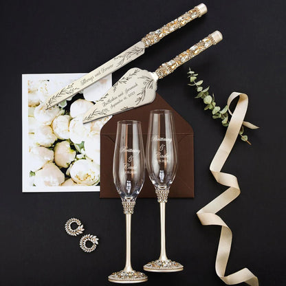 Wedding Flutes Avrora with Cake Set Ivory &amp; Gold - ELENA HONCH