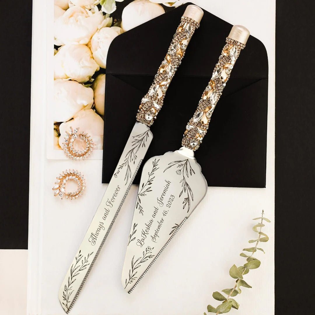 Wedding Flutes Avrora with Cake Set Ivory &amp; Gold - ELENA HONCH