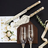 Wedding Flutes Avrora with Cake Set Ivory & Gold - ELENA HONCH