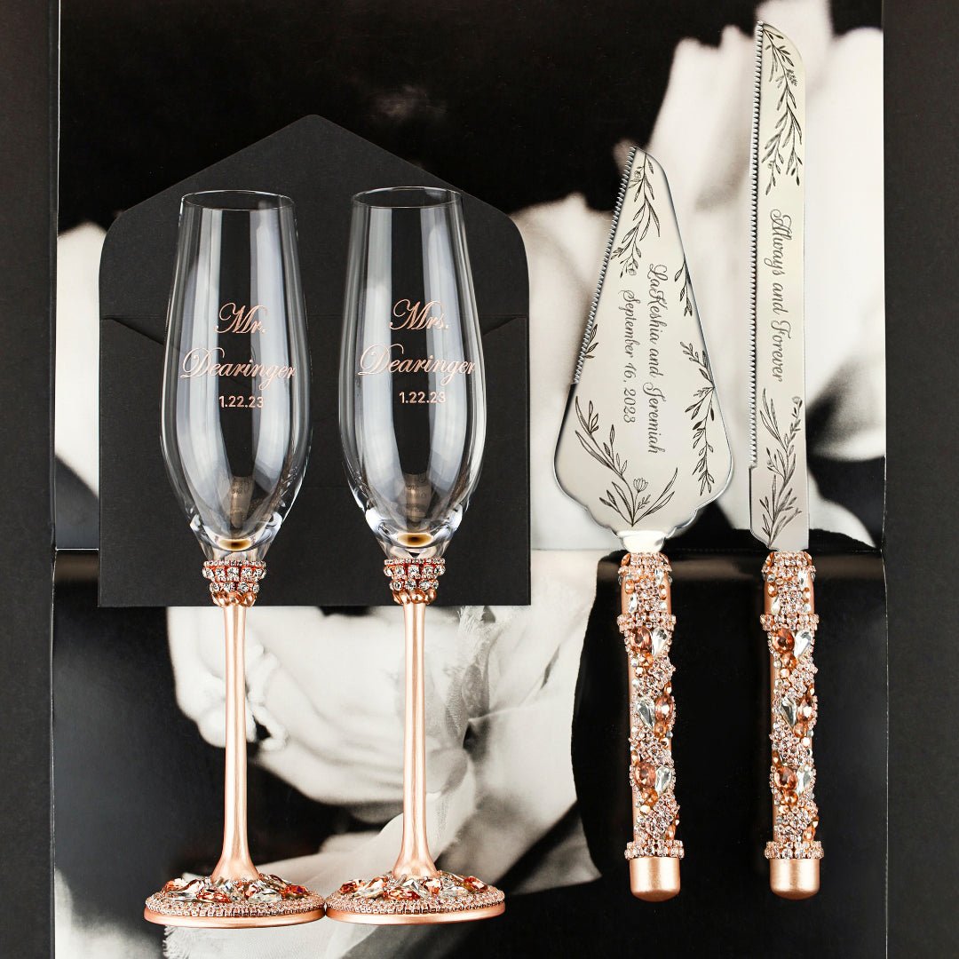 Wedding Flutes &amp; Cake Set Avrora in Rose &amp; Gold - ELENA HONCH