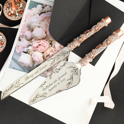 Wedding Flutes &amp; Cake Set Avrora in Rose &amp; Gold - ELENA HONCH