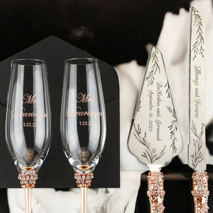 Wedding Flutes &amp; Cake Set Avrora in Rose &amp; Gold - ELENA HONCH