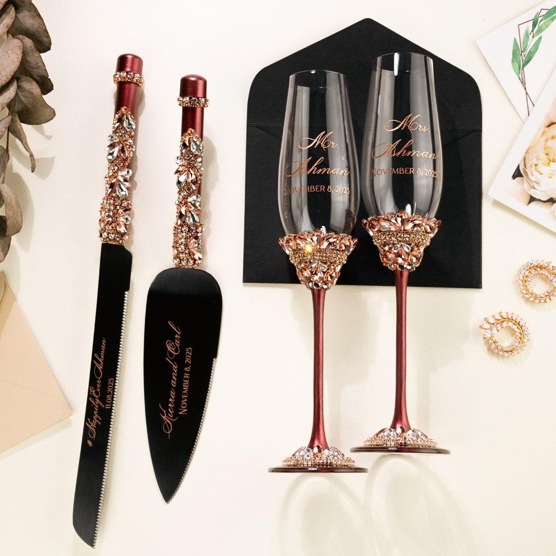 Wedding Flutes &amp; Cake set Ivy in Burgundy - ELENA HONCH