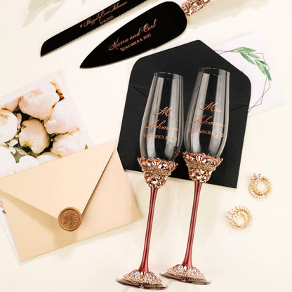 Wedding Flutes &amp; Cake set Ivy in Burgundy - ELENA HONCH