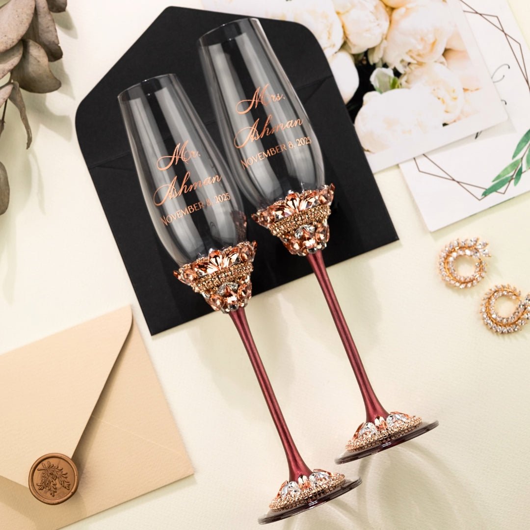 Wedding Flutes &amp; Cake set Ivy in Burgundy - ELENA HONCH