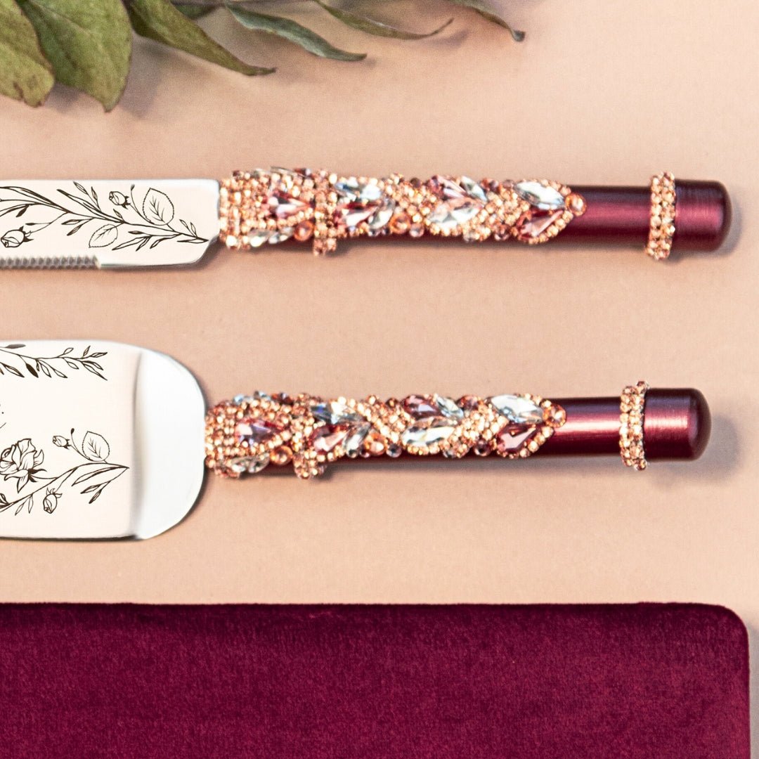 Wedding Flutes &amp; Cake set Ivy in Burgundy - ELENA HONCH