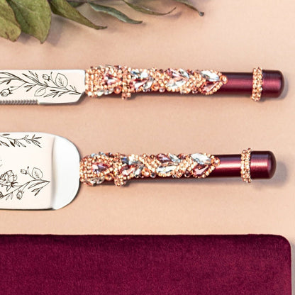 Wedding Flutes &amp; Cake set Ivy in Burgundy - ELENA HONCH