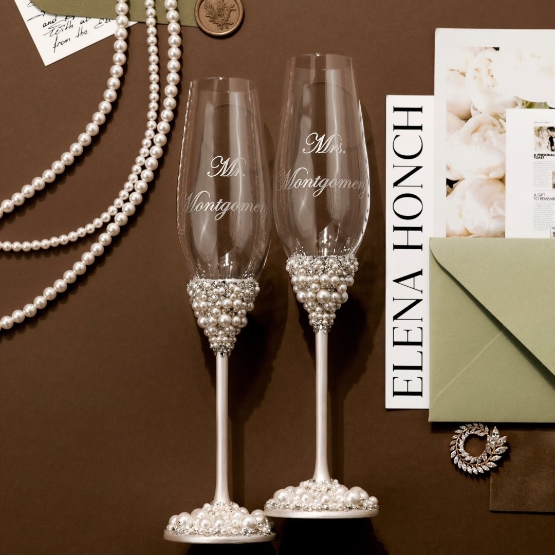 Wedding Flutes &amp; Cake Set Lily Ivory With Pearls - ELENA HONCH