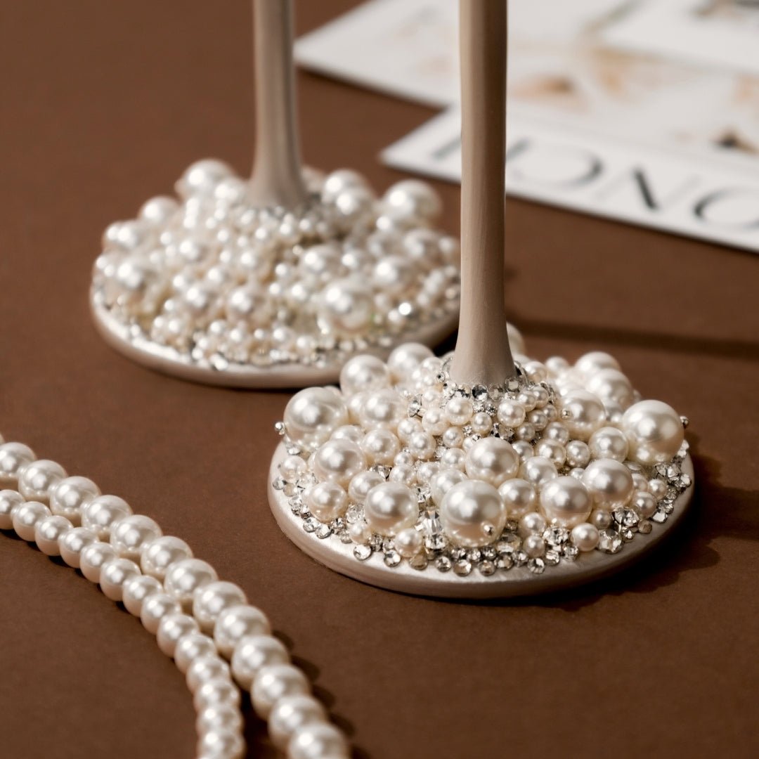 Wedding Flutes &amp; Cake Set Lily Ivory With Pearls - ELENA HONCH