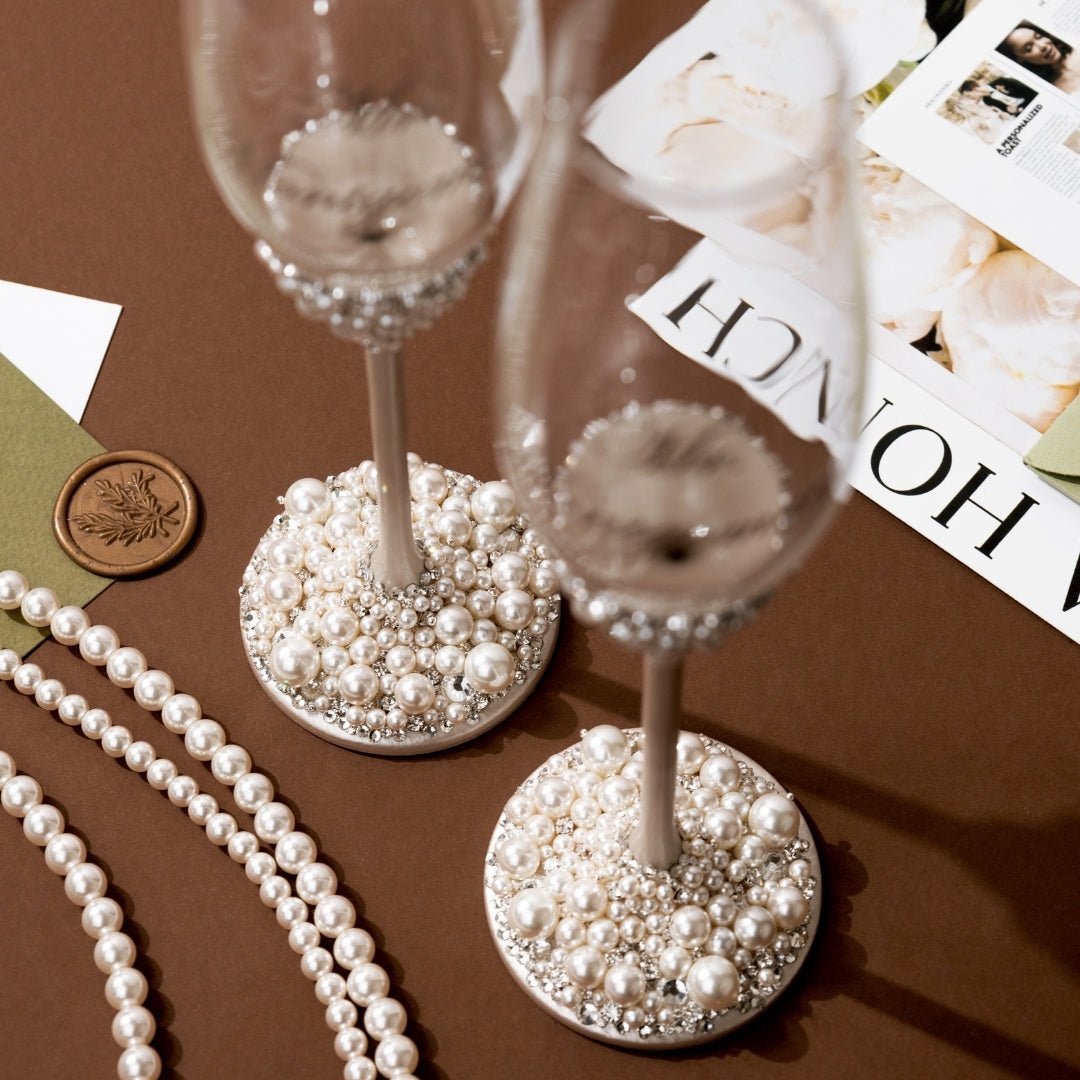 Wedding Flutes &amp; Cake Set Lily Ivory With Pearls - ELENA HONCH