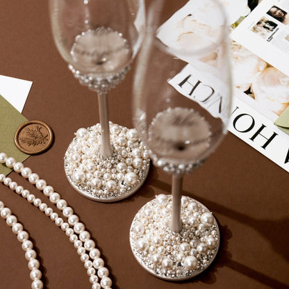 Wedding Flutes &amp; Cake Set Lily Ivory With Pearls - ELENA HONCH