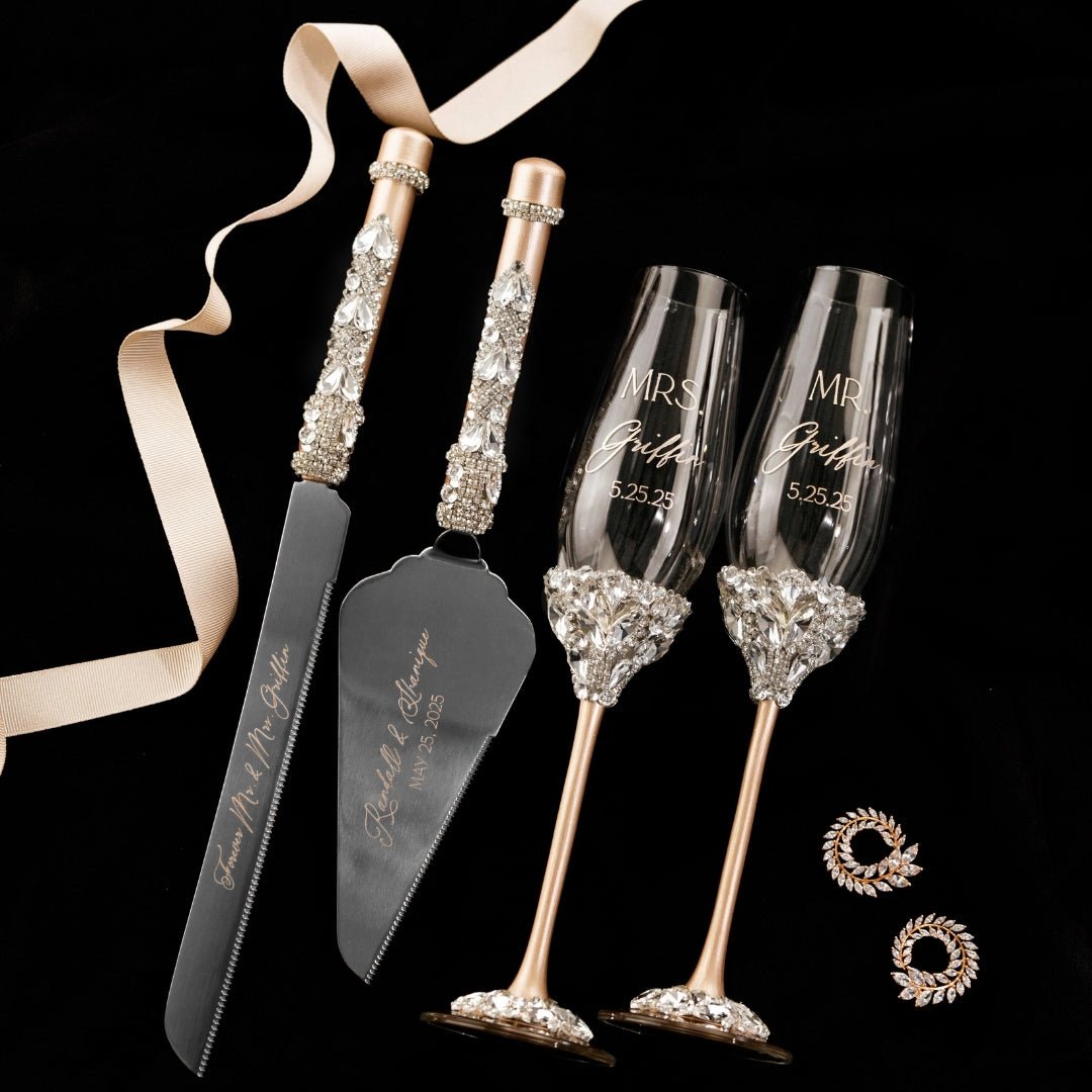 Wedding Flutes Ruta &amp; Cake Set in Champagne color - ELENA HONCH