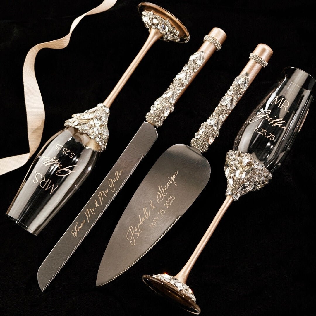 Wedding Flutes Ruta &amp; Cake Set in Champagne color - ELENA HONCH