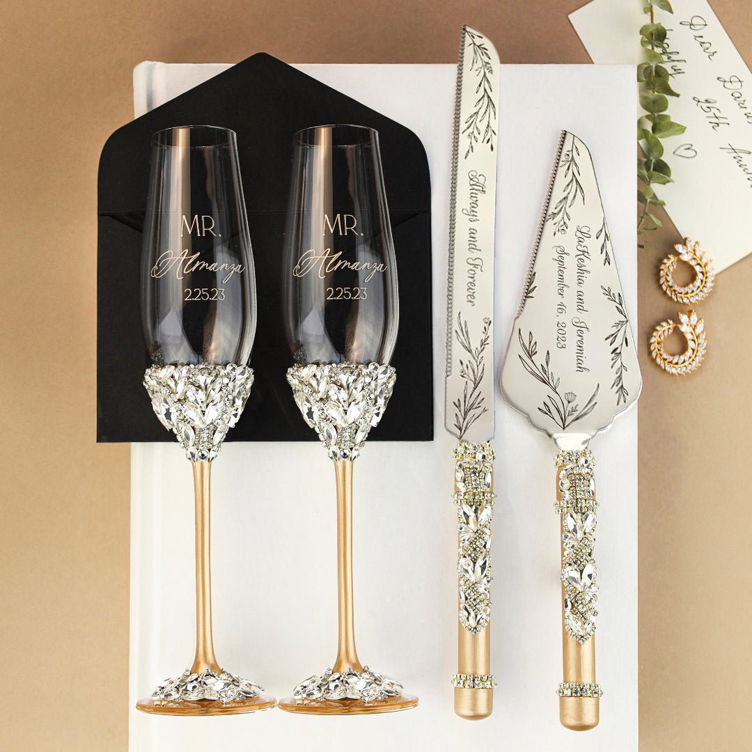 Wedding Flutes Ruta &amp; Cake Set in Champagne color - ELENA HONCH