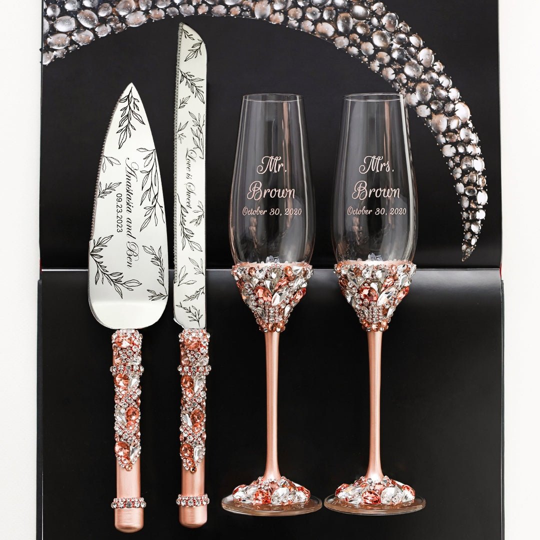 Wedding Flutes Ruta with Cake Set in Rose &amp; Gold - ELENA HONCH