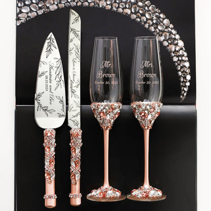 Wedding Flutes Ruta with Cake Set in Rose &amp; Gold - ELENA HONCH