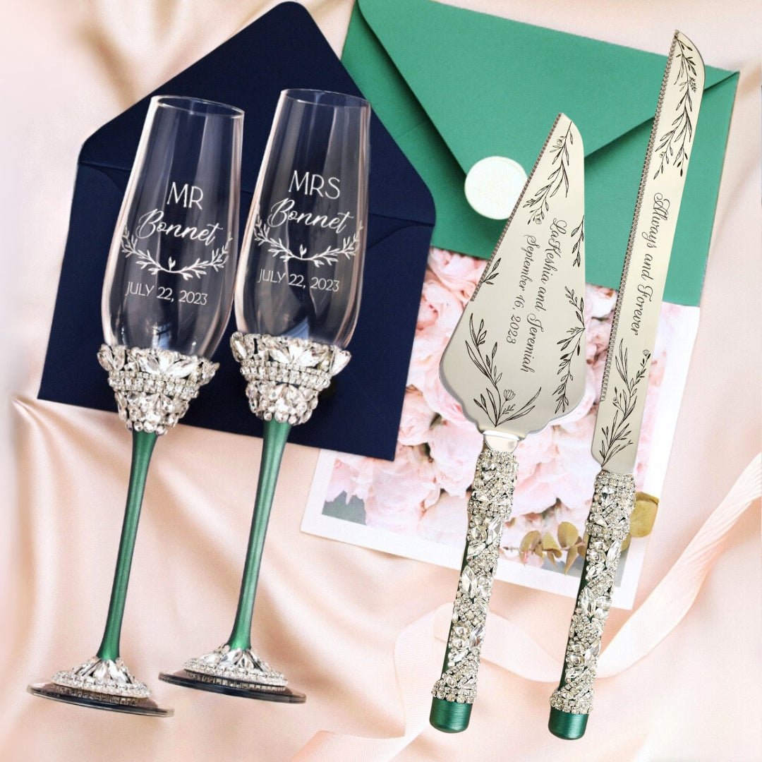 Wedding Flutes &amp; Set for Cake in Emerald color - ELENA HONCH