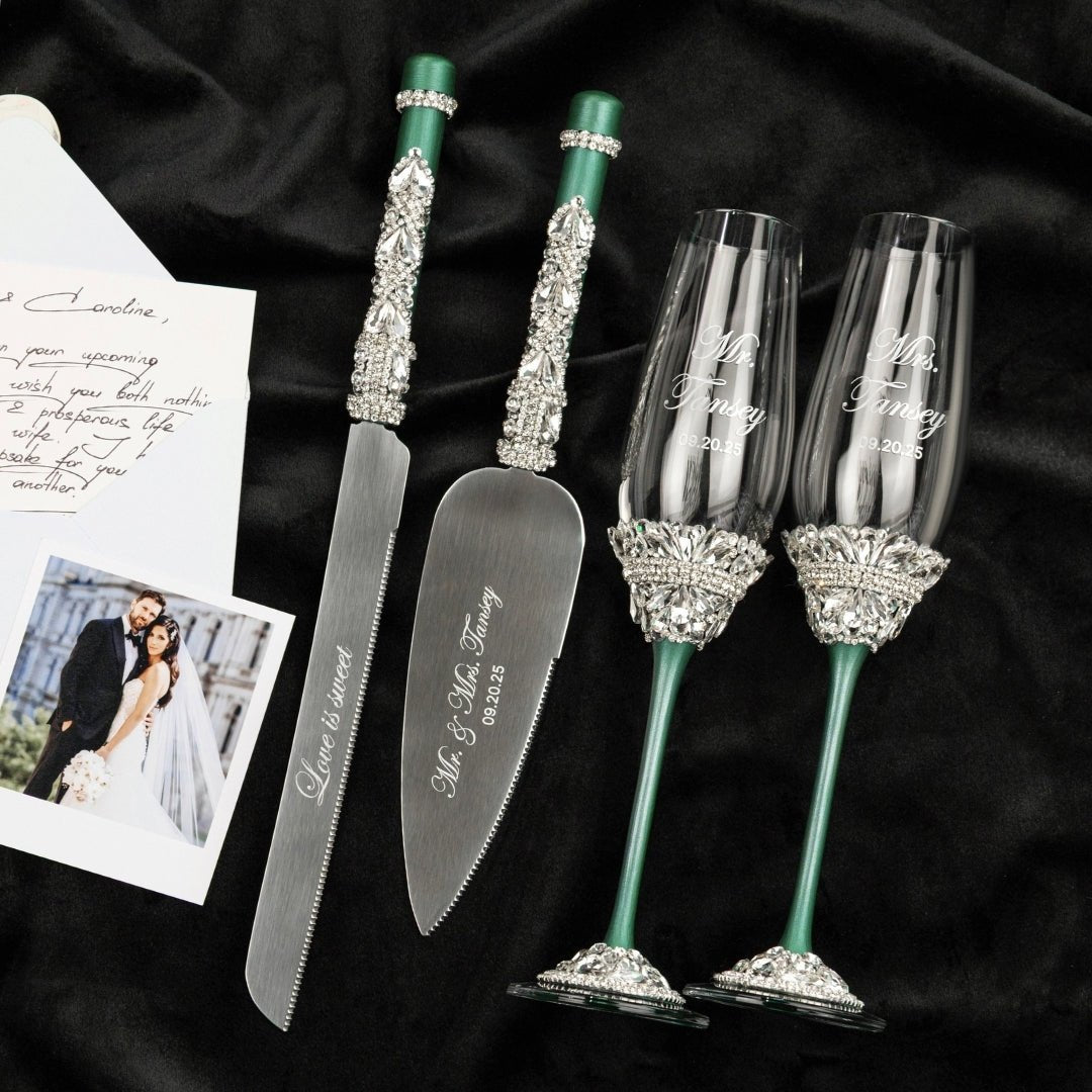 Wedding Flutes &amp; Set for Cake in Emerald color - ELENA HONCH