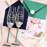 Wedding Flutes & Set for Cake in Emerald color - ELENA HONCH