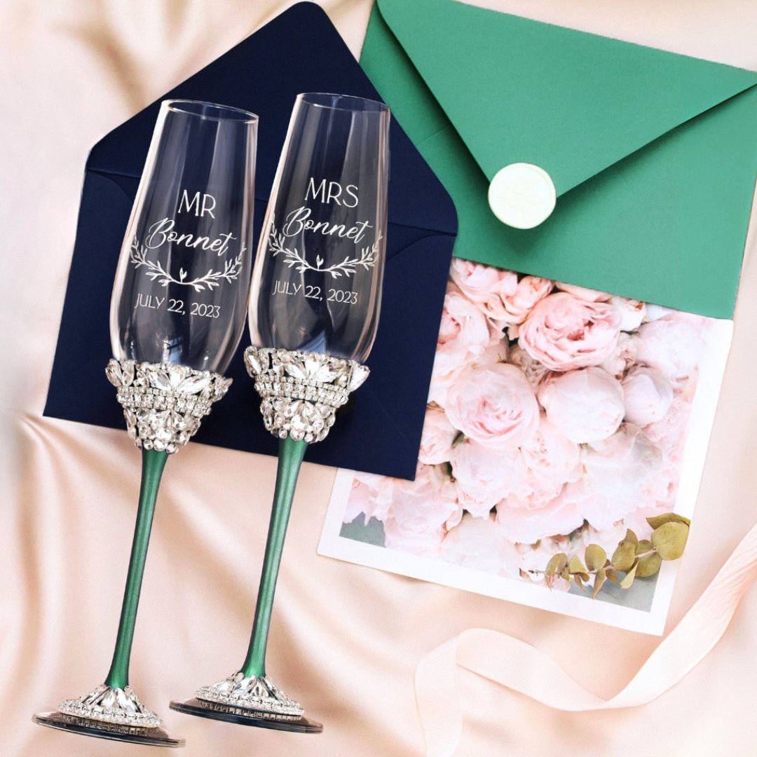 Wedding Flutes &amp; Set for Cake in Emerald color - ELENA HONCH