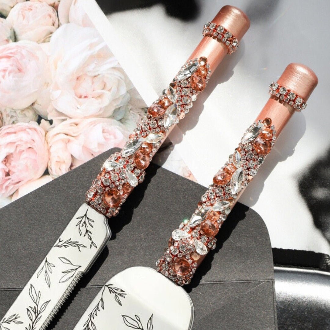 Wedding Flutes with Cake Set in Rose &amp; Gold - ELENA HONCH