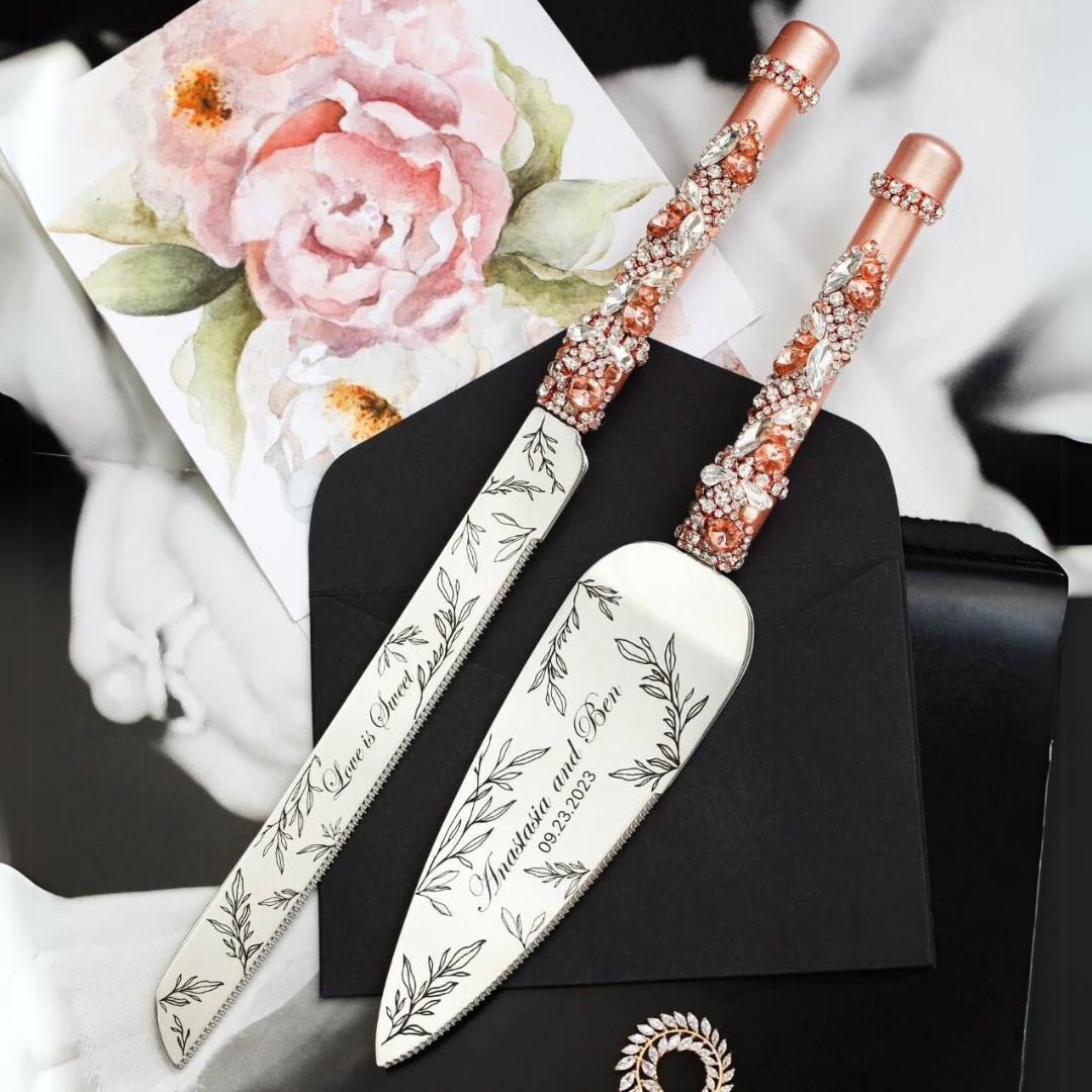 Wedding Flutes with Cake Set in Rose &amp; Gold - ELENA HONCH