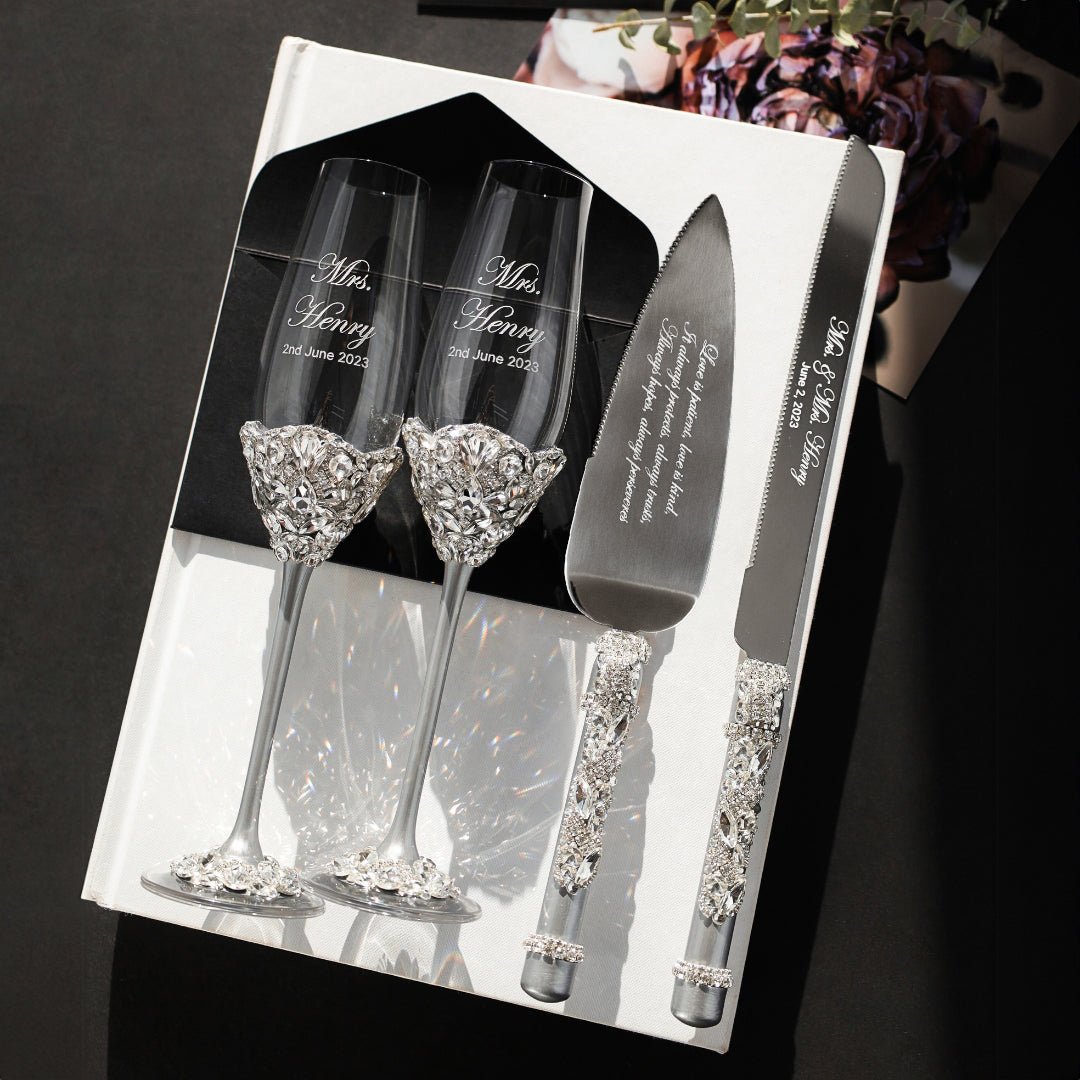 Wedding Glasses Blossom &amp; Cake Cutting Set in Silver - ELENA HONCH