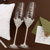 Wedding Glasses Blossom Ivory With Pearls & Cake Set With Pillow for Rings - ELENA HONCH