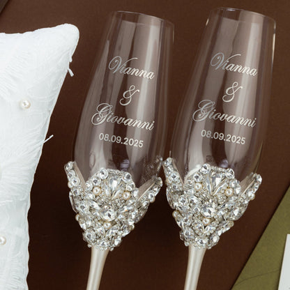 Wedding Glasses Blossom Ivory With Pearls &amp; Cake Set With Pillow for Rings - ELENA HONCH