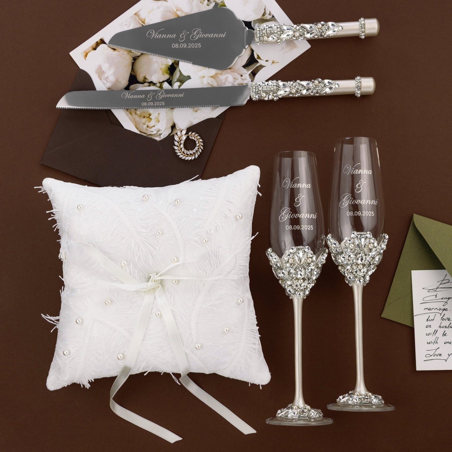 Wedding Glasses Blossom Ivory With Pearls &amp; Cake Set With Pillow for Rings - ELENA HONCH