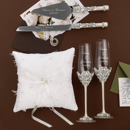 Wedding Glasses Blossom Ivory With Pearls &amp; Cake Set With Pillow for Rings - ELENA HONCH