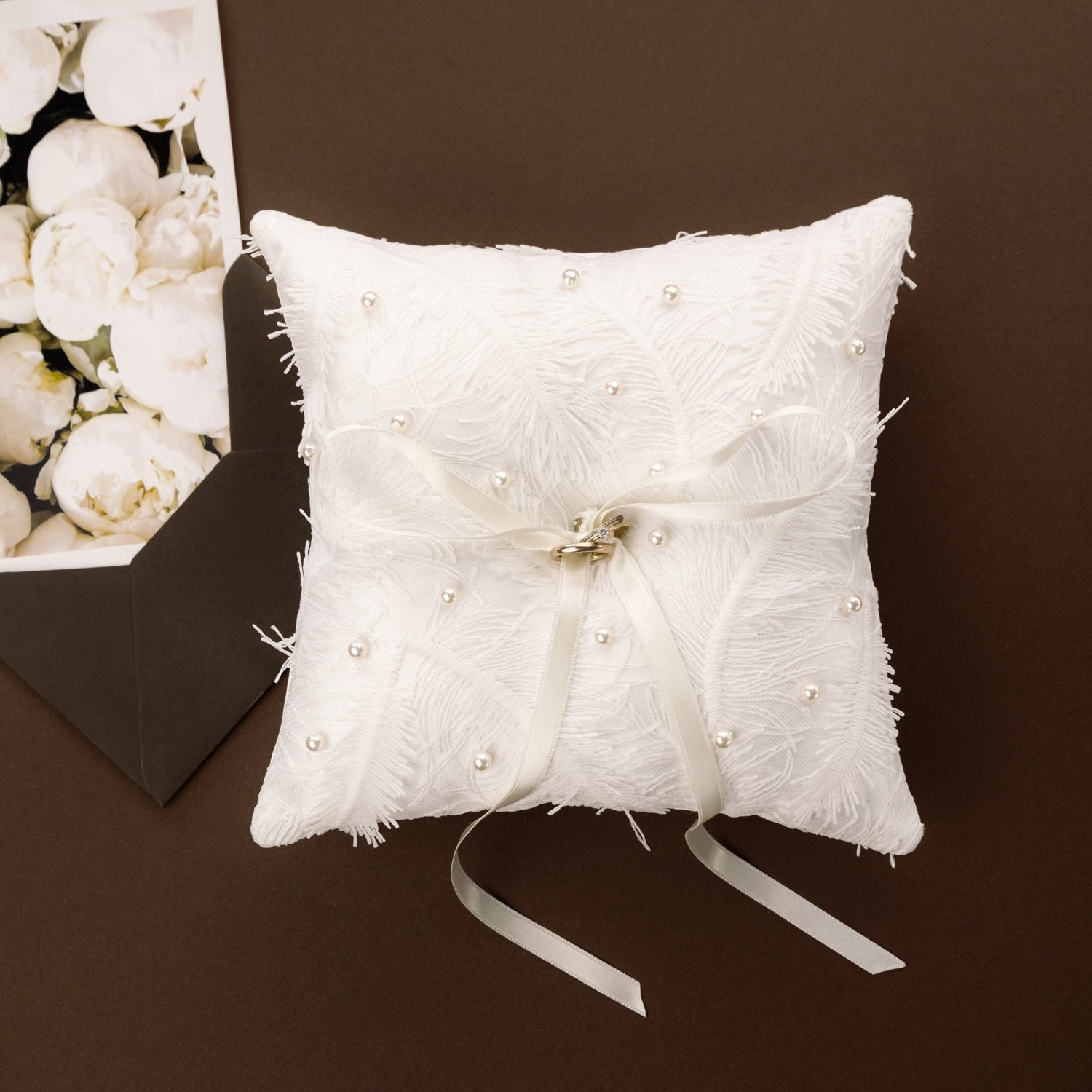 Wedding Glasses Blossom Ivory With Pearls &amp; Cake Set With Pillow for Rings - ELENA HONCH