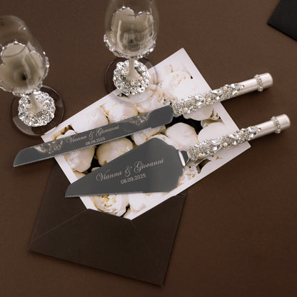 Wedding Glasses Blossom Ivory With Pearls &amp; Cake Set With Pillow for Rings - ELENA HONCH