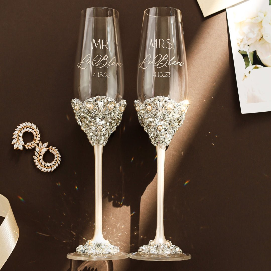 Wedding Glasses &amp; Cake Set Blossom Ivory With Pearls - ELENA HONCH