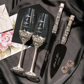 Wedding Glasses & Cake Set Blossom Ivory With Pearls - ELENA HONCH